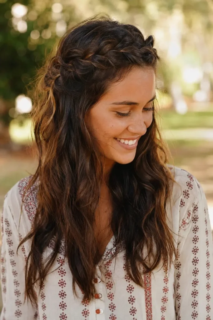 woman with thick wavy brown hair styled in a braided crown, smiling candidly outdoors in warm natural light. She wears a boho-inspired cream blouse with earthy patterns