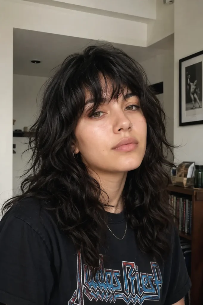 young woman with a thick wavy wolf cut hairstyle and soft curtain bangs, photographed indoors in natural apartment lighting. She wears a casual black graphic band tee with subtle jewelry,