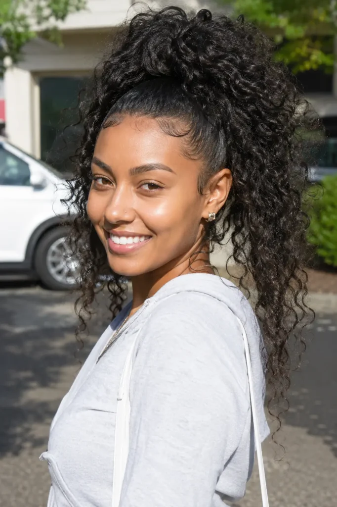 a young woman with a tight curly high quick weave ponytail, featuring sleek roots and voluminous defined curls
