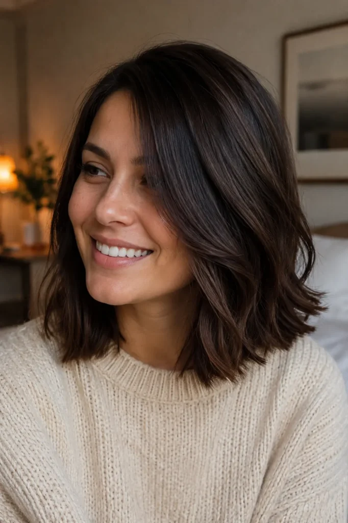 woman in her late 20s with a rich deep chestnut-brown lob hairstyle and fine hair, smiling naturally in a cozy indoor setting. Warm lighting highlights the soft texture and movement of her hair as she wears a cream knit sweater,