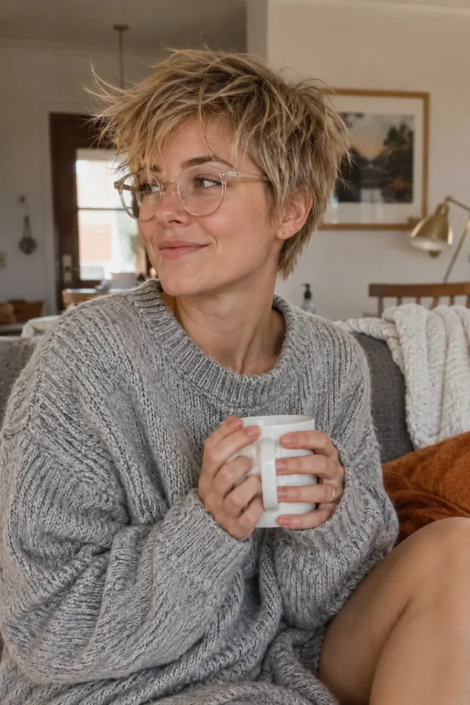 A woman in her early 30s with a tousled sandy blonde pixie cut sits curled up on a couch in soft morning light, wearing round clear-frame glasses and an oversized gray knit sweater. She holds a white mug with both hands and smiles gently while looking off to the side. The cozy living room background includes warm neutral decor,