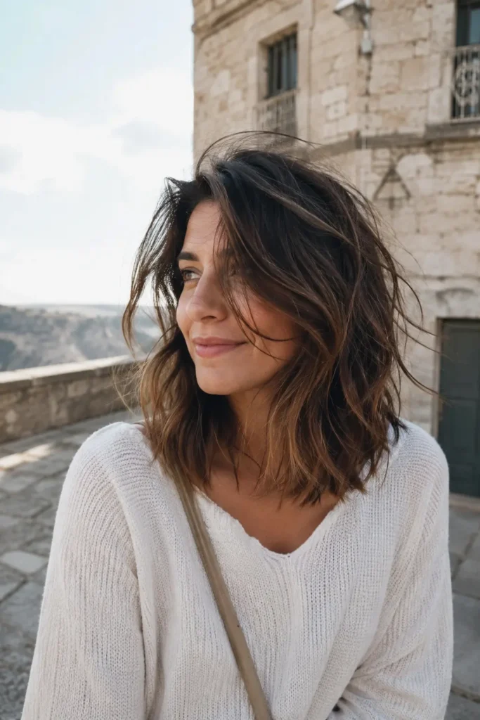 woman with a tousled layered bob hairstyle featuring soft beachy waves and lived-in texture, photographed outdoors in natural light. Her relaxed bob has lightweight layers with effortless movement and subtle volume