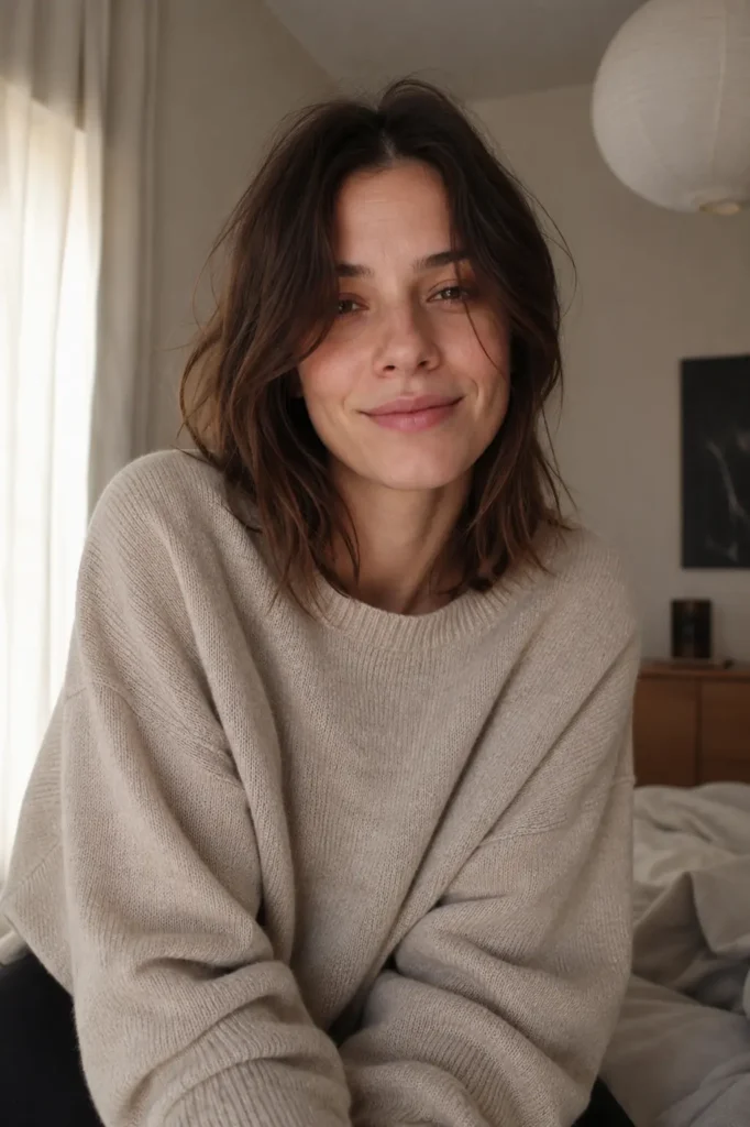 A real woman in her mid-20s with a tousled middle-part lob and fine natural-textured hair sits in a cozy bedroom wearing an oversized sweater.