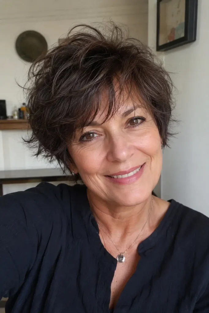 a woman around 50–60 years old with a tousled short textured hairstyle featuring soft layers, airy volume, and natural movement