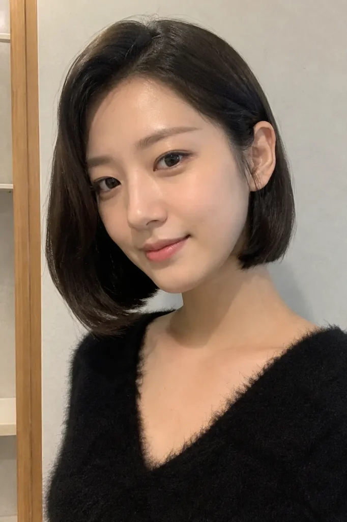 a real young woman indoors with a sleek chin-length bob styled with softly tucked-in ends. Her hair has a smooth, glossy texture and a subtle side part. She wears a black fuzzy sweater and has a calm