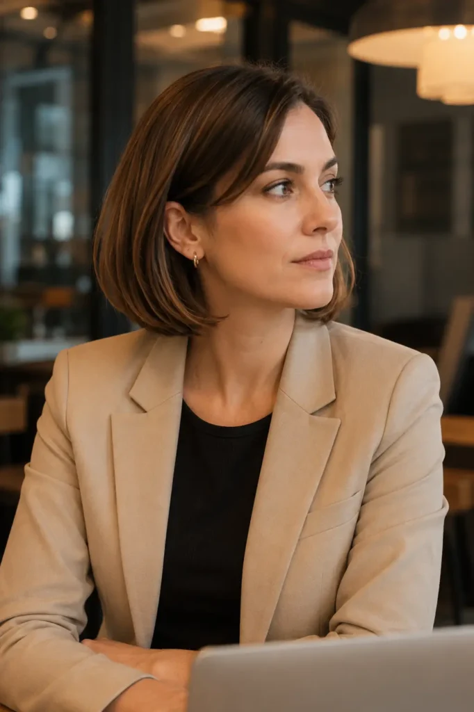 woman in her early 30s with a tucked-under polished lob hairstyle and fine hair, seated in a warm modern office café setting. She wears smart business casual clothing