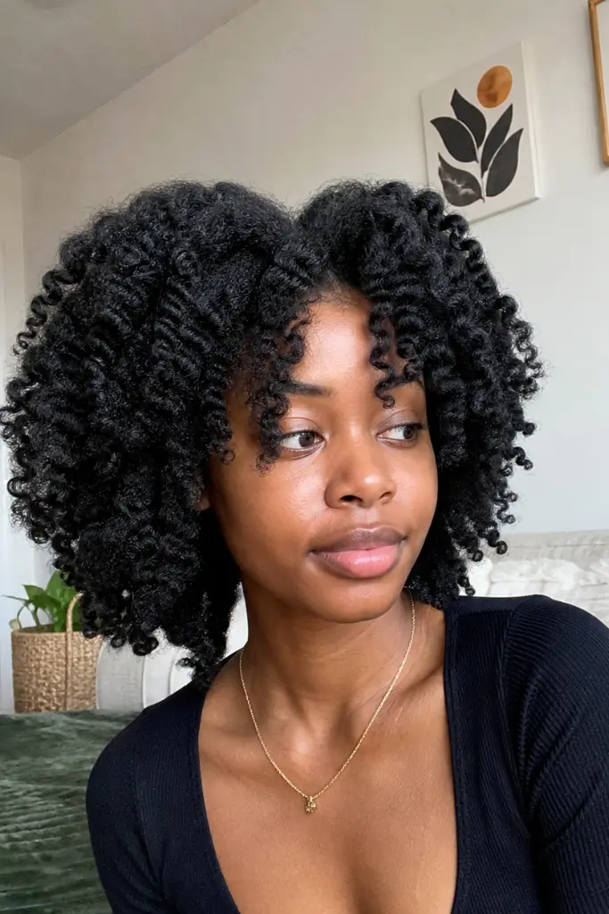 a young Black woman with a natural twist-out hairstyle featuring fluffy, defined curls. She is seated indoors in a cozy, softly lit room with warm natural daylight. She has a calm, neutral expression and is looking slightly to the side