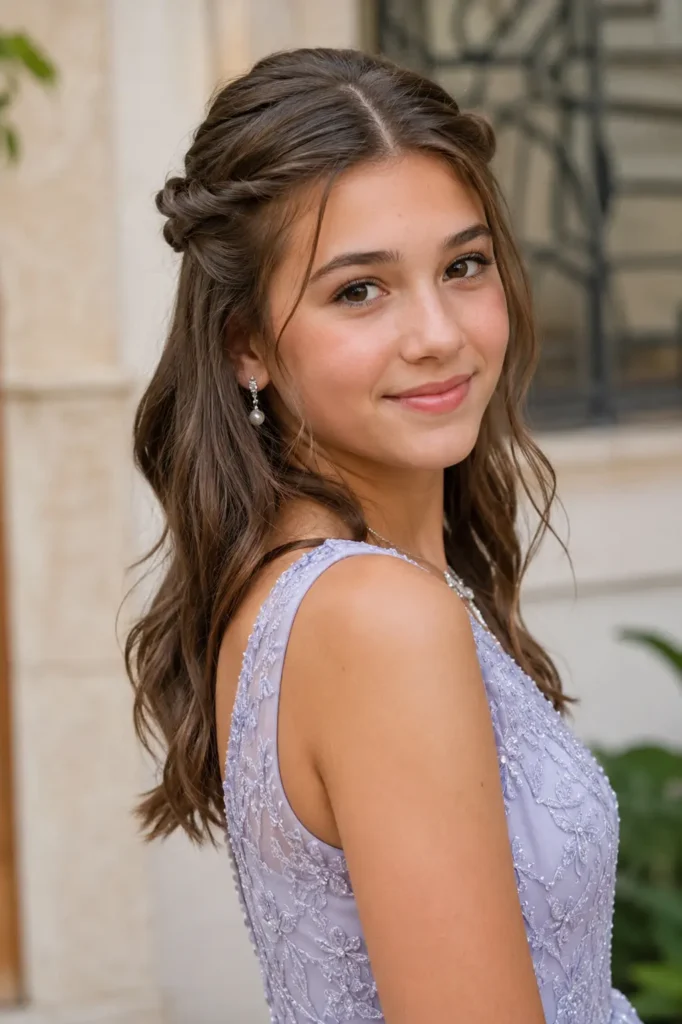 Portrait of a real teenage girl around 13–14 years old wearing a pastel lavender formal dress, featuring a twisted crown half-up hairstyle with loose soft waves. She has natural skin texture, authentic facial features, and subtle soft glam makeup.