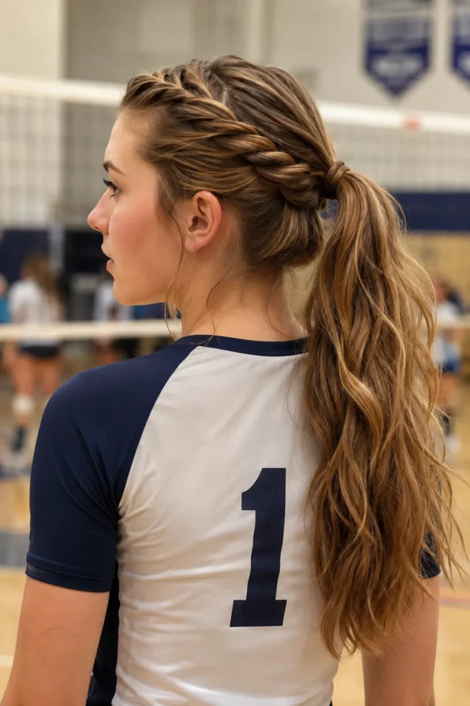 Young volleyball player with a twisted crown pony fusion hairstyle featuring elegant twisted crown sections flowing into a long athletic ponytail, realistic sporty hair texture and natural shine, standing in an indoor volleyball gym wearing a volleyball jersey with a photorealistic athletic look.
