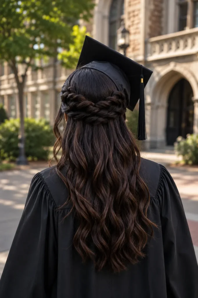 Back view of a real young woman wearing a graduation cap and gown with a twisted half-up hairstyle, soft wavy hair flowing down her back,