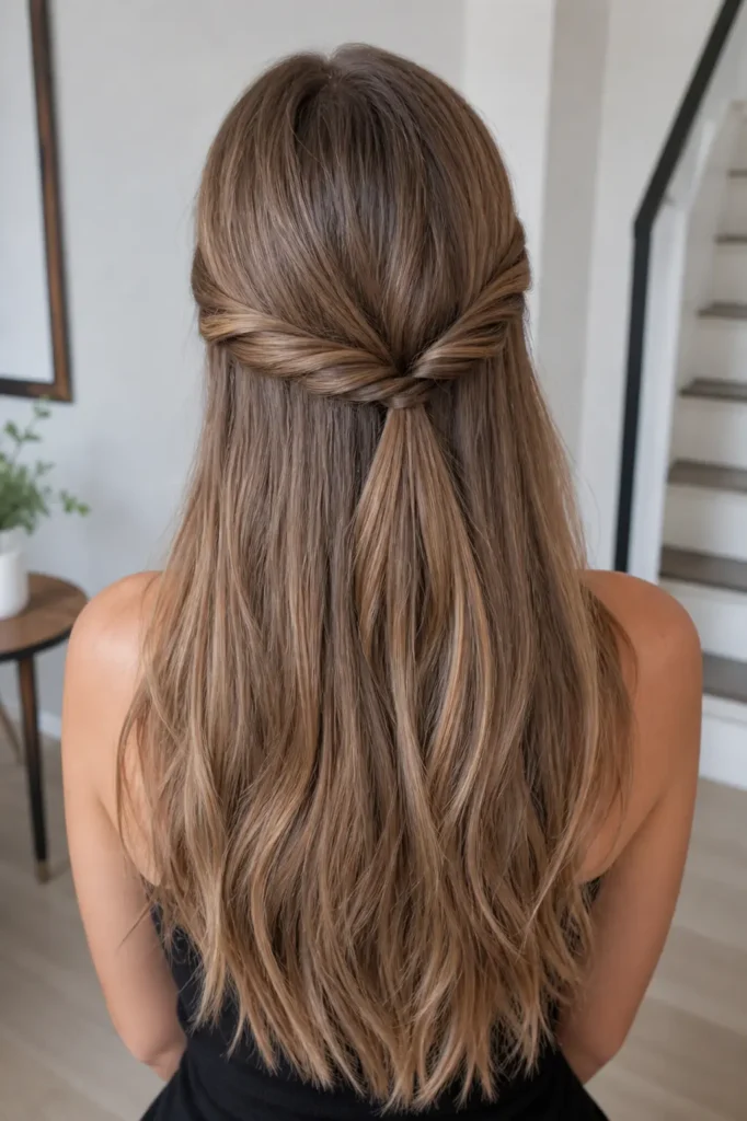 Back view of light caramel hair in a half-up style with two soft twists joined at the back, smooth texture, indoor daylight.