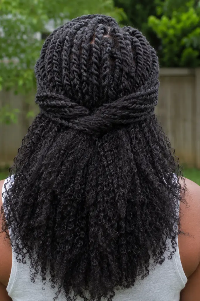 Back view of a real Black woman wearing a twisted half-up half-down hairstyle outdoors. The top section features neat rope twists gathered at the crown, while long natural textured hair flows down the back.