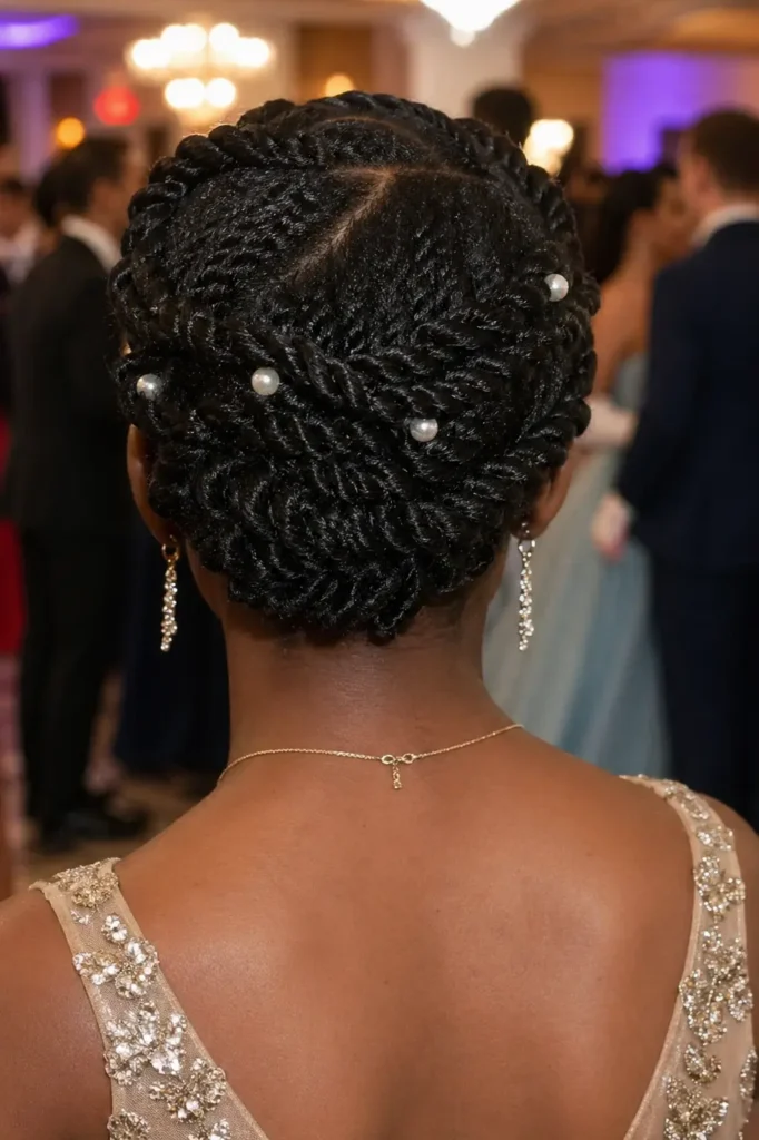 Back view close-up of a Black teenage girl at prom featuring a twisted halo updo with neatly wrapped twists and pearl accents, detailed natural hair texture, and an elegant gown in a softly lit ballroom.