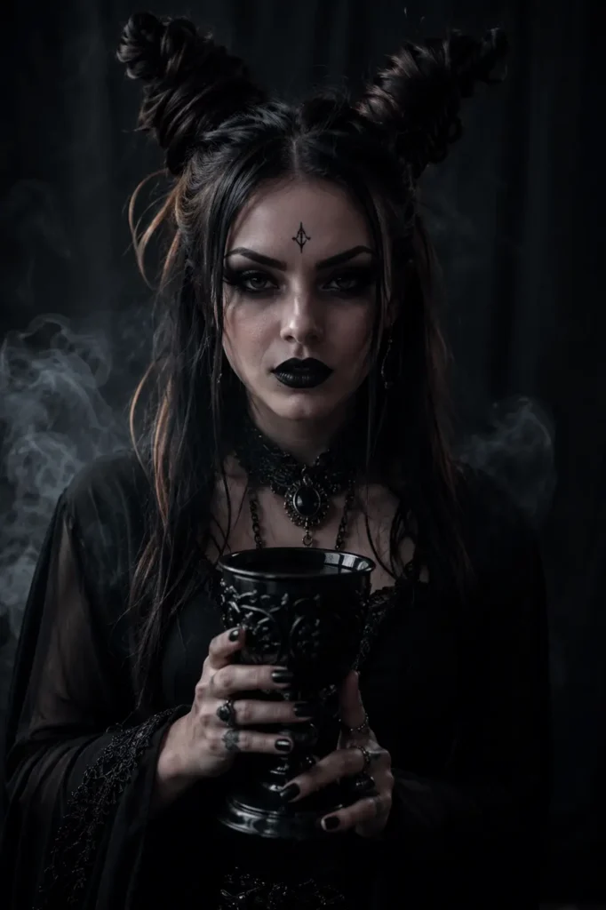 young woman with twisted horn buns hairstyle and long dark hair, styled in a dark fantasy witch aesthetic. She wears dramatic black makeup, gothic jewelry, and a flowing black outfit while holding an ornate black goblet