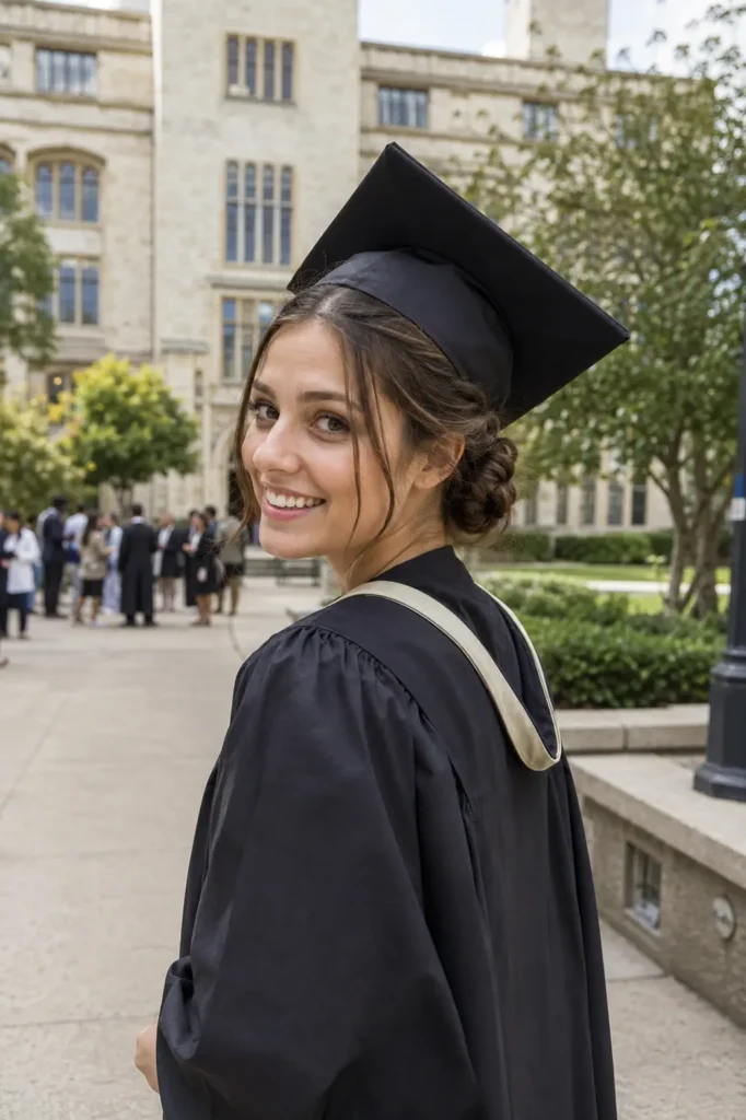 young woman in her early 20s wearing a graduation gown and cap smiles naturally on a university campus. Her graduation cap is slightly tilted back to reveal a twisted low bun hairstyle with soft face-framing strands