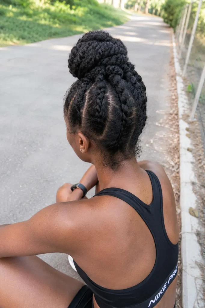 ollege-age girl with natural curly afro-textured hair styled in a twisted top knot, sitting post-run on a paved path in athletic running gear