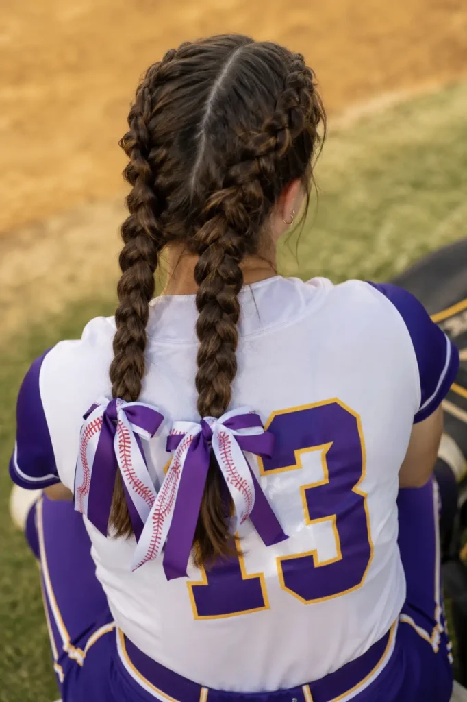 eenage softball player with dark braided pigtails tied in purple spirit ribbons, viewed from slightly above behind the head outdoors in warm sunlight