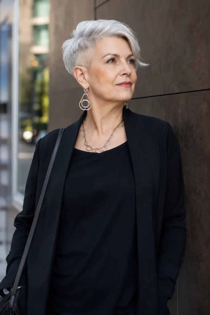 A confident woman in her mid-60s with a silver-white undercut pixie haircut and side-swept layers, wearing statement earrings and a black outfit, posing against an urban background in an editorial-style candid portrait.