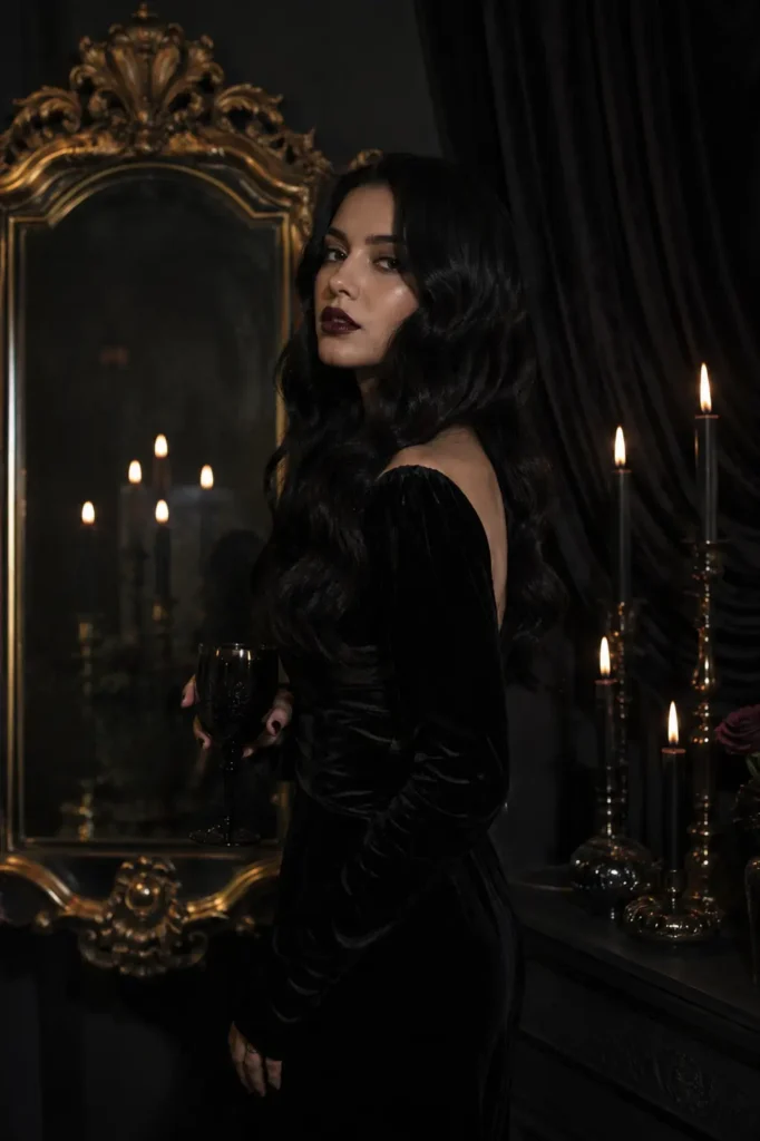 young woman with glossy black Hollywood waves wearing a velvet black gothic dress in a candlelit dark room, featuring dramatic moody lighting, elegant witch-inspired beauty, and a photorealistic glamorous aesthetic.