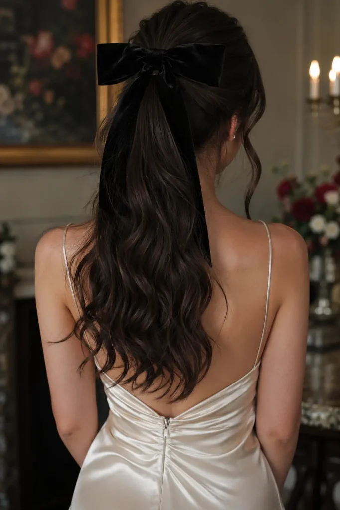 Back view of a real teenage girl with a velvet bow ponytail hairstyle featuring soft flowing waves. An oversized black velvet bow secures the ponytail, highlighting the glossy wave texture. She wears an elegant satin formal dress in a softly lit indoor setting