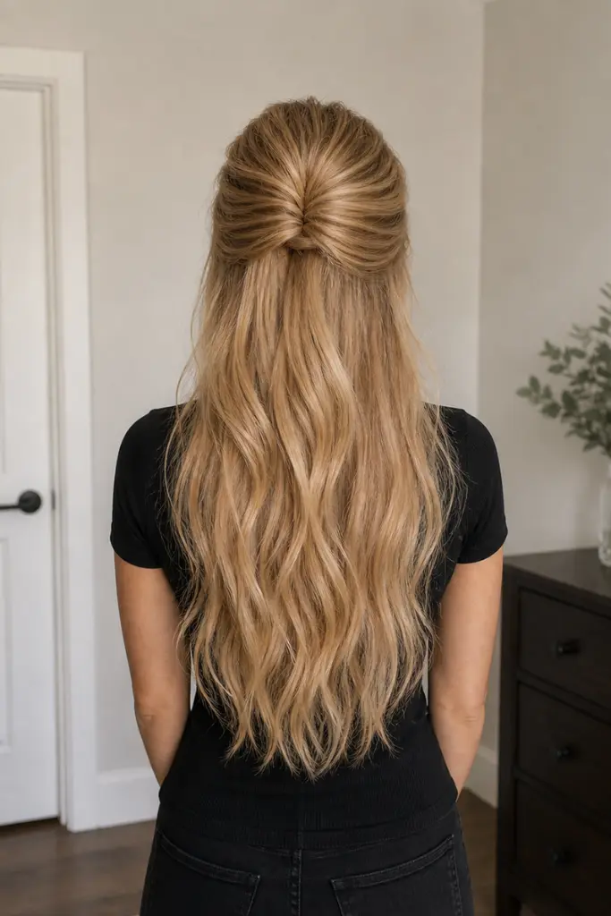 Back view of a woman with long beige-blonde hair styled half-up with a voluminous lifted crown, the rest flowing in soft waves down her back, standing indoors in natural light with focus on smooth texture and fullness.