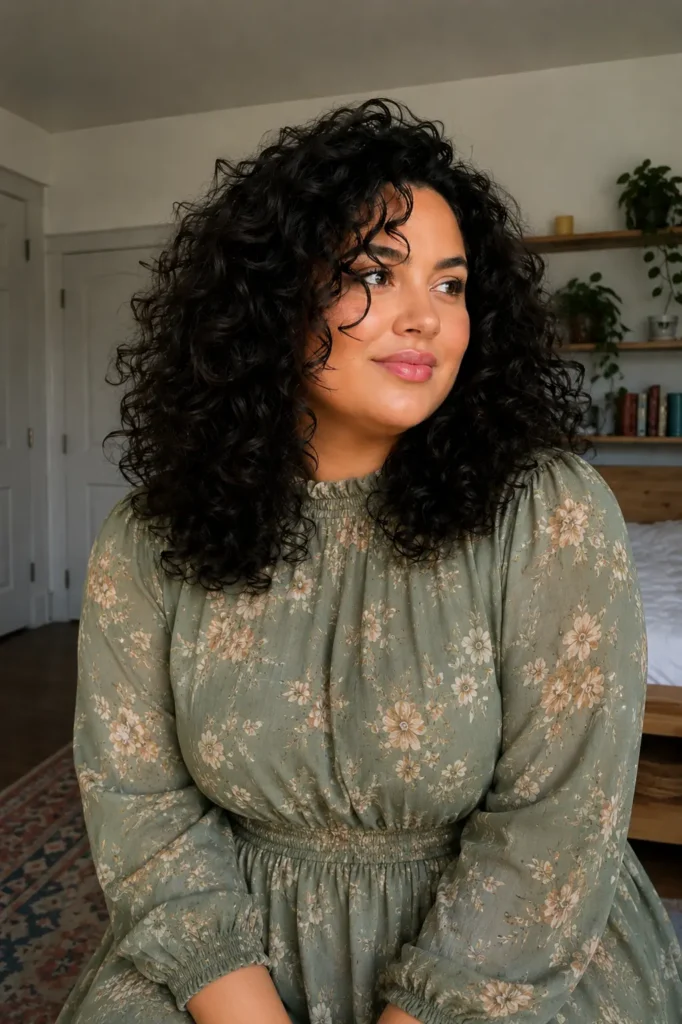 Plus-size woman with medium-length natural curly hair and soft layered volume wearing a modest sage green floral dress with long sleeves