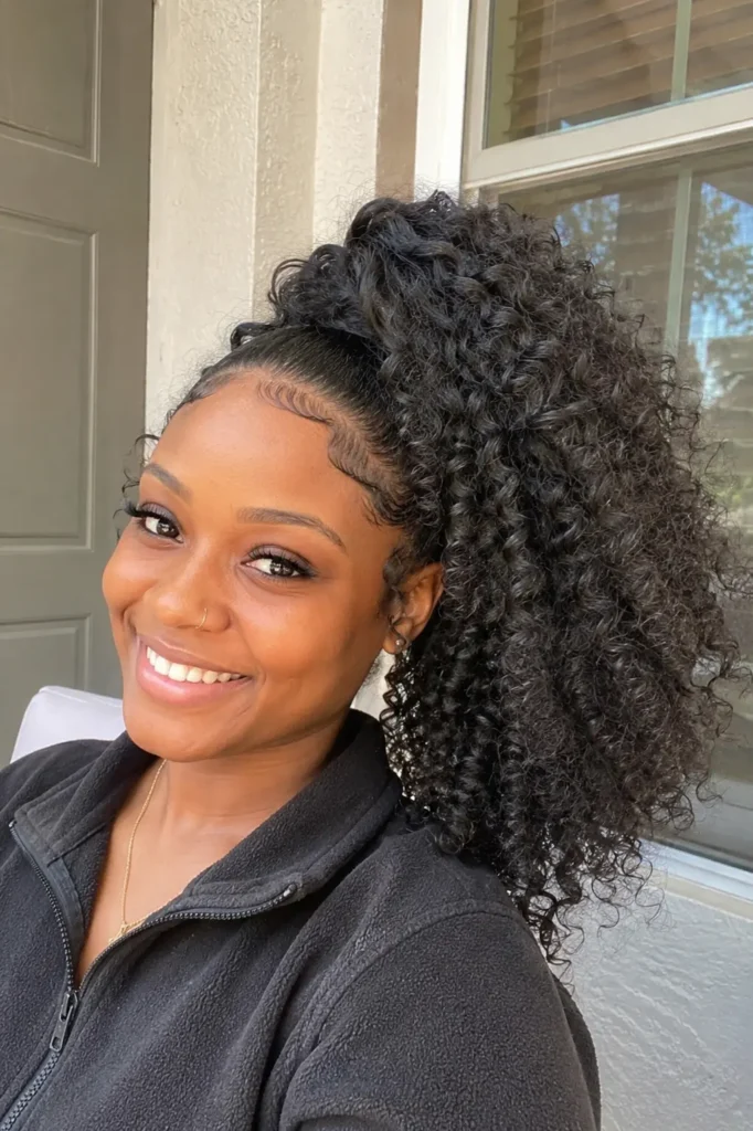 young woman with a voluminous curly quick weave ponytail featuring soft, defined curls and maximum volume, smiling naturally in daylight with the hairstyle as the main focus in a realistic lifestyle portrait.