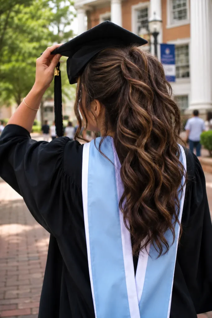 Back view of a real young woman with a voluminous high ponytail graduation hairstyle featuring soft curls and visible volume, wearing a graduation cap slightly lifted to reveal the hairstyle details on a university campus