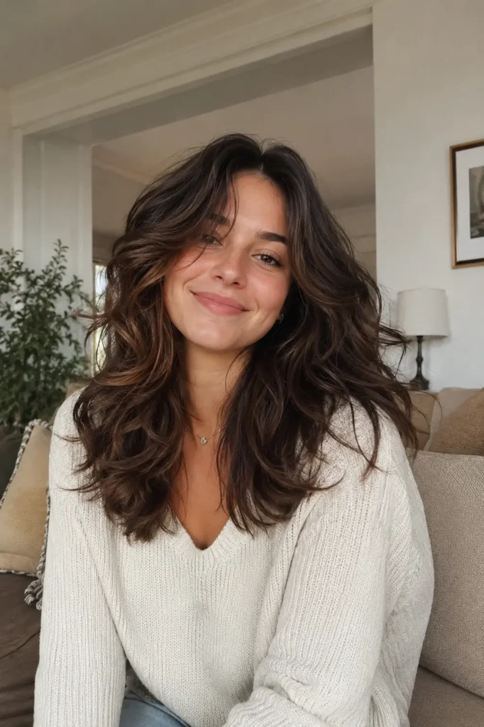 A real young woman with voluminous layered thick wavy curls smiles naturally in a cozy home setting, wearing a soft cream sweater under warm daylight