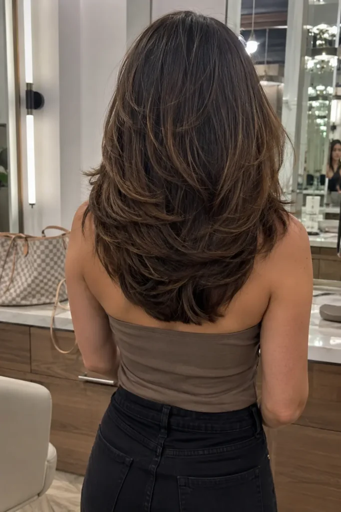 Back view of a  woman with a voluminous medium-length layered haircut, showcasing soft, feathered layers with natural movement and fullness.