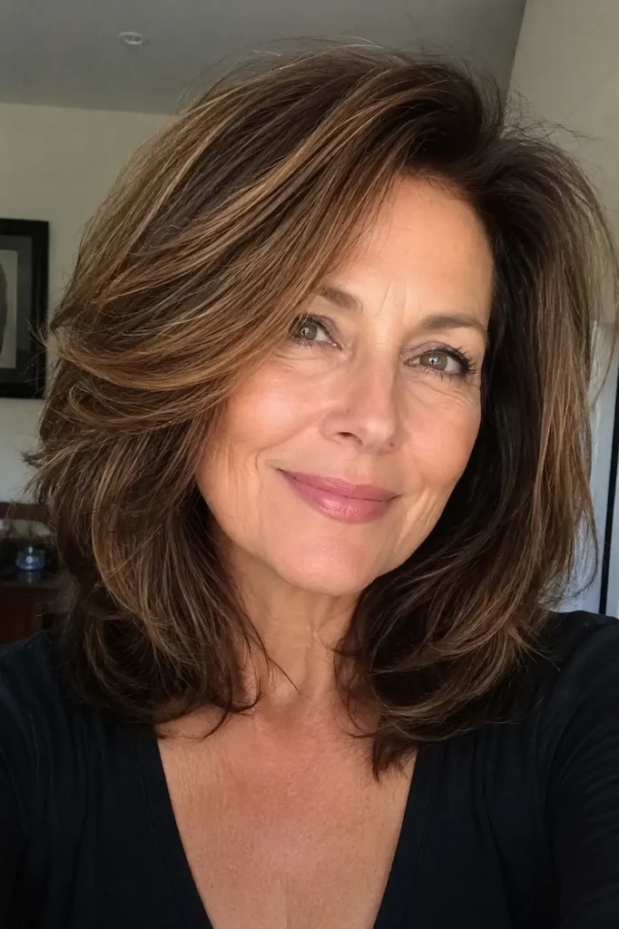 a 50–60-year-old woman with a voluminous lob haircut and soft face-framing layers. Natural skin texture and authentic facial features are visible under soft natural lighting