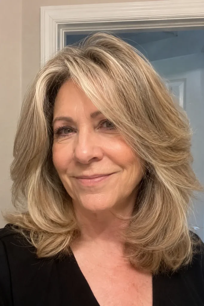 a woman around 50–60 years old with a voluminous shoulder-length blowout hairstyle, featuring soft movement and full body throughout the hair