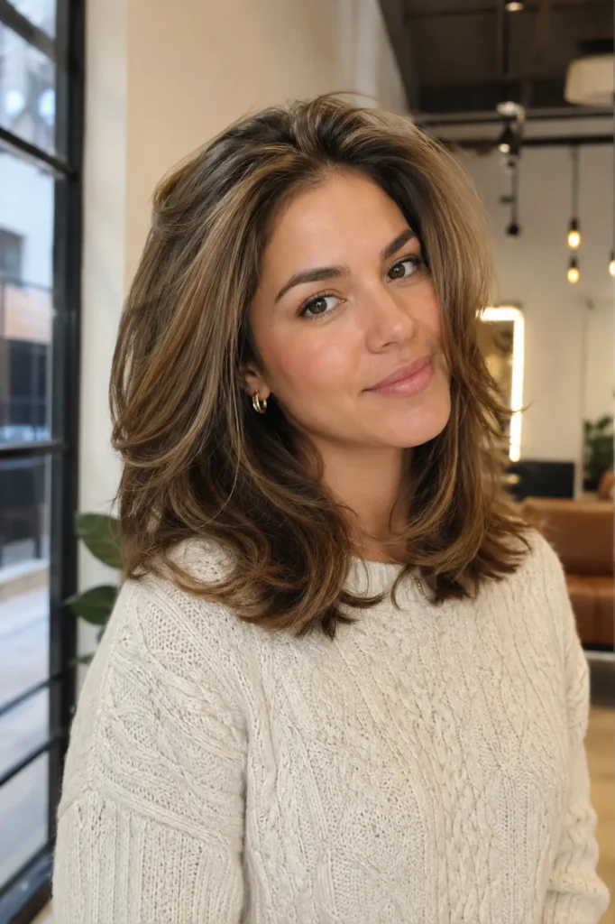 woman with a volumized blowout layered bob hairstyle featuring lifted roots, soft outward-flipped layers, and bouncy salon-style volume in honey brown tones. She wears a cozy cream knit sweater