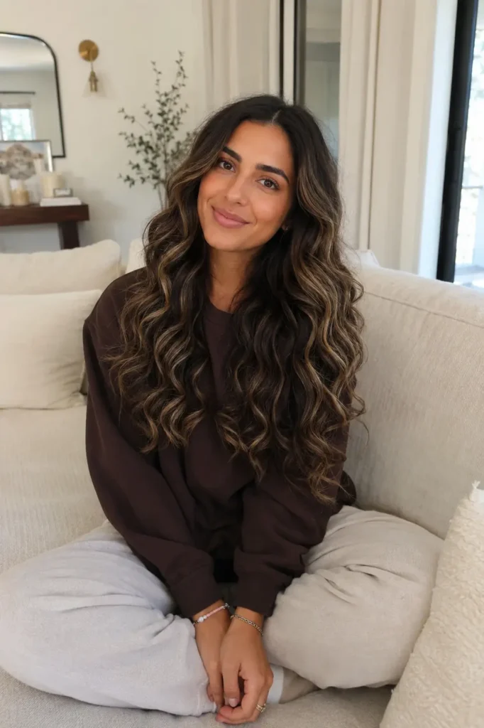 a woman in her mid-20s with warm olive skin sitting cross-legged on a cream-colored sofa in a bright airy living room. She wears a warm brunette deep wave wig with soft butter blonde highlights flowing to full length,
