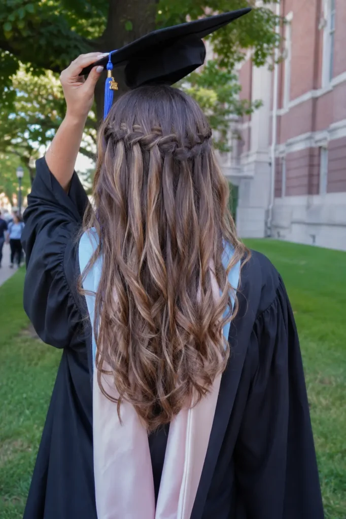 Back-view of a real young woman wearing a graduation gown and cap, featuring a detailed waterfall braid hairstyle cascading through long wavy hair. The graduation cap is slightly lifted to showcase the braid, photographed on a university campus