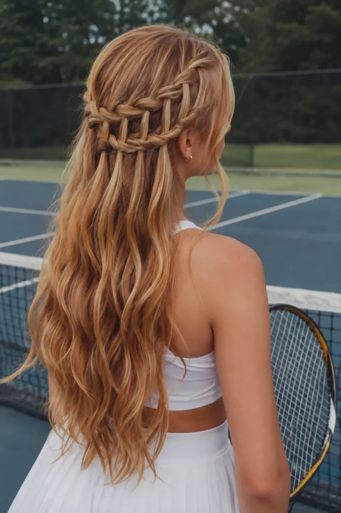 Young woman with long strawberry blonde wavy hair styled in a waterfall braid half-up hairstyle, standing on an outdoor tennis court in a white tennis outfit,