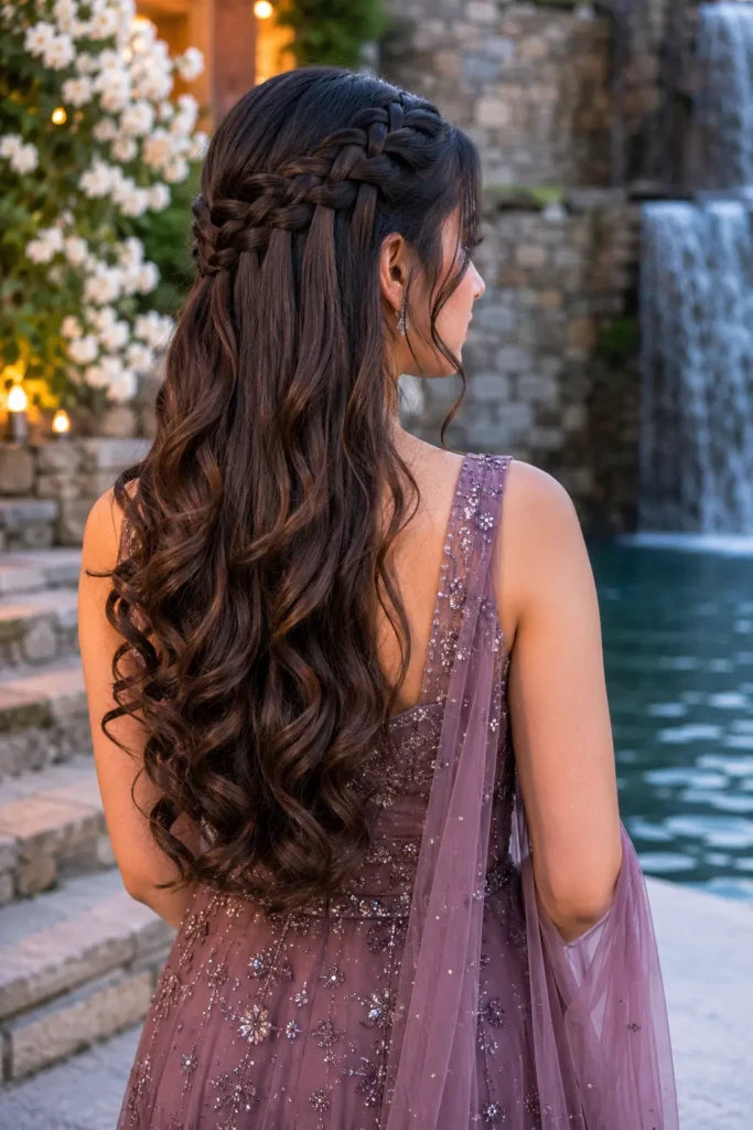 Back view of a real teenage girl wearing an elegant formal dress, featuring a waterfall braid hairstyle that flows into long soft curls. The intricate braid texture and glossy curled ends are highlighted