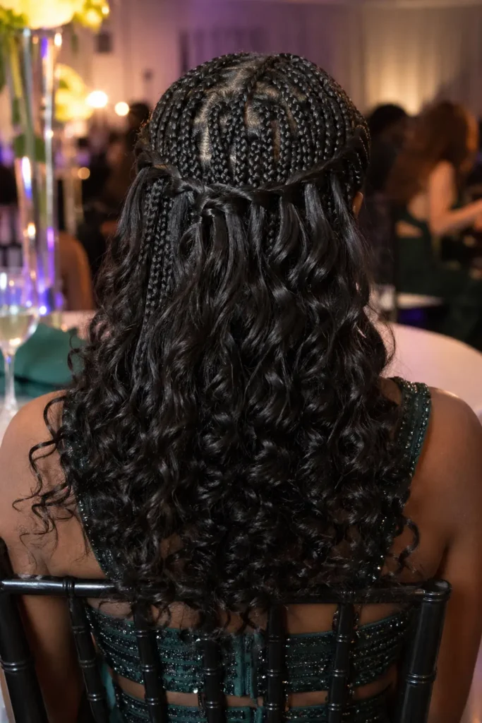 Back view close-up of a Black teenage girl at prom wearing an elegant dark green dress, showcasing intricate waterfall braids that cascade into defined, glossy curls