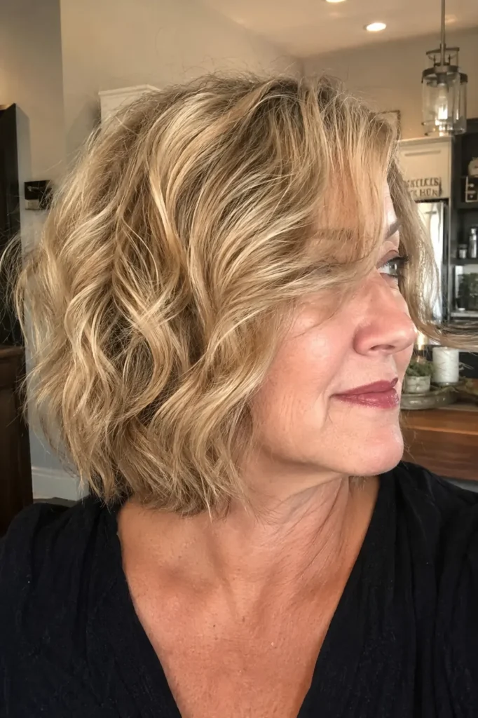 a woman around 50–60 years old with a softly textured wavy bob hairstyle, featuring natural volume and movement throughout the hair.