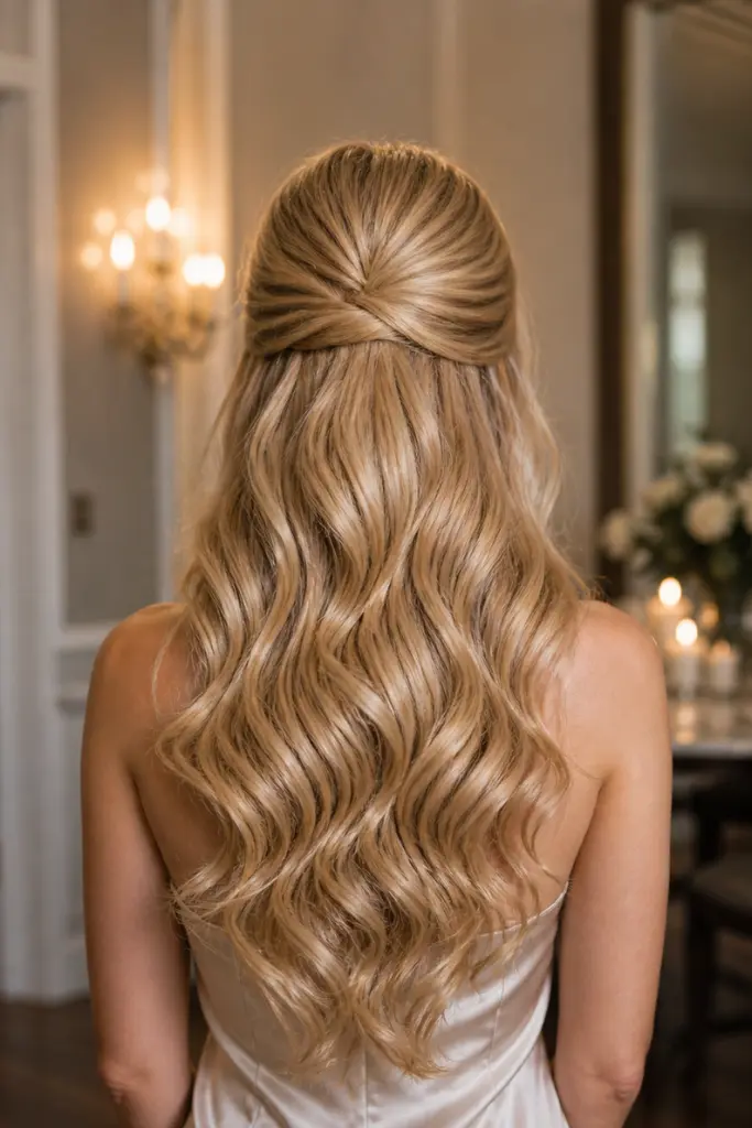 Back view of a woman with champagne blonde, half-up half-down wavy hairstyle under soft indoor lighting.