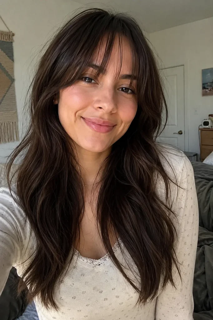 a woman with wispy bangs and thick wavy dark hair smiling naturally in a cozy bedroom, soft daylight highlighting realistic hair texture and natural makeup