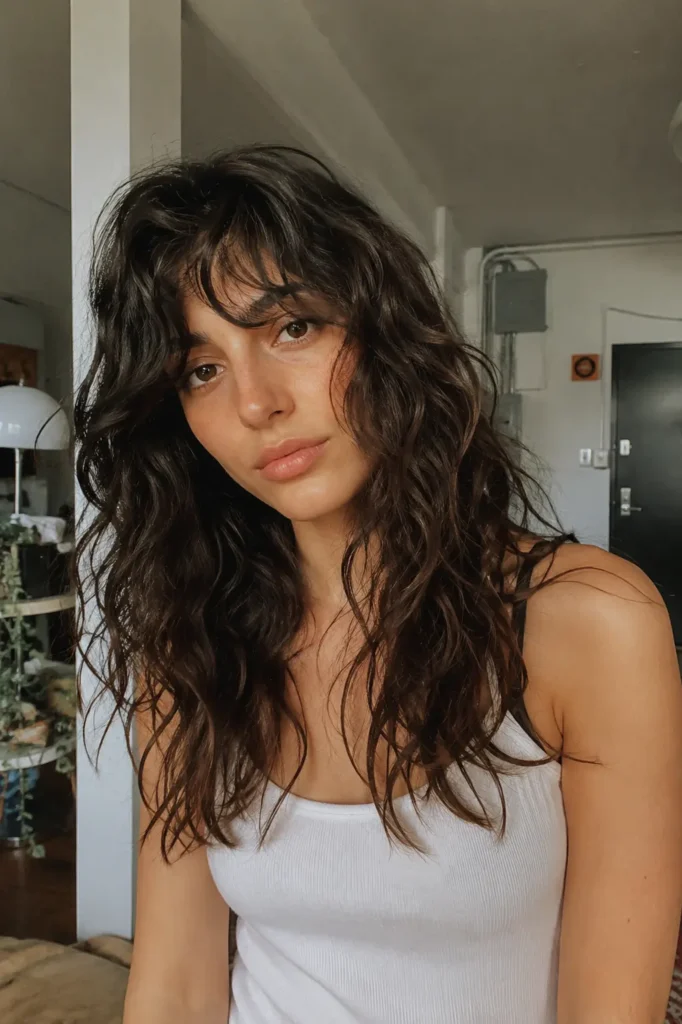 Young woman with a thick wavy shag haircut posing in a cozy apartment, featuring tousled textured hair, warm natural lighting