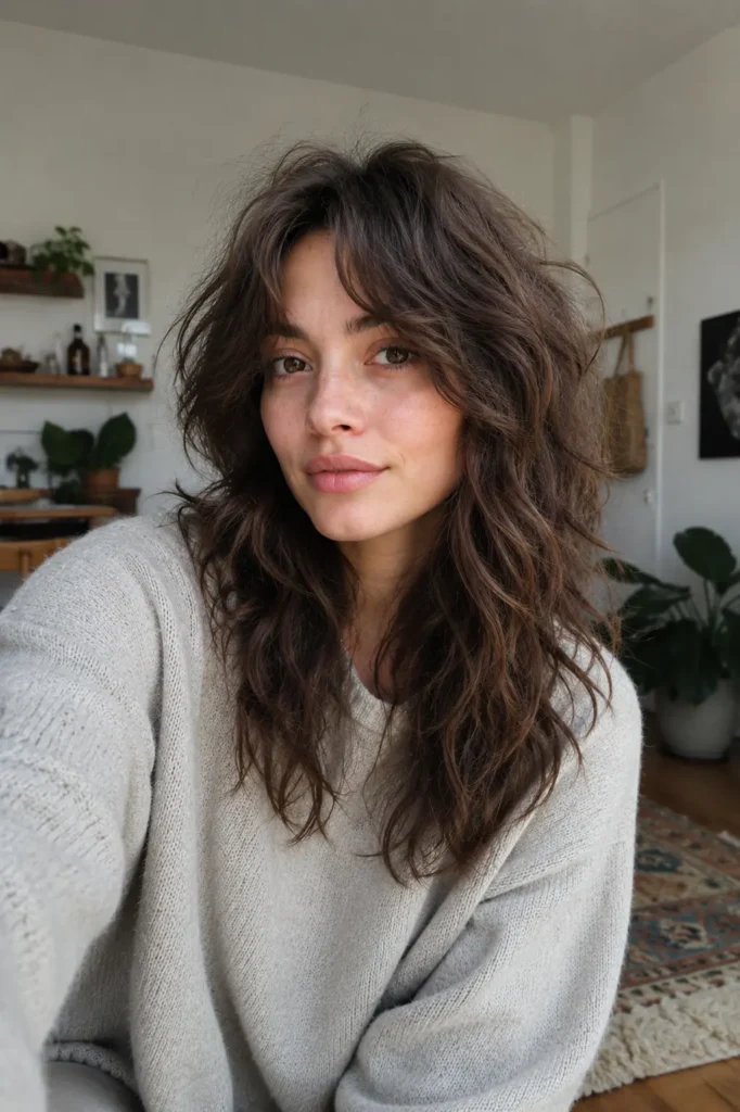 girl with a wavy wolf cut hairstyle featuring tousled textured layers and soft beachy waves, styled with airy crown volume and natural movement. She is wearing a cozy casual sweater in a softly lit indoor setting with warm natural daylight
