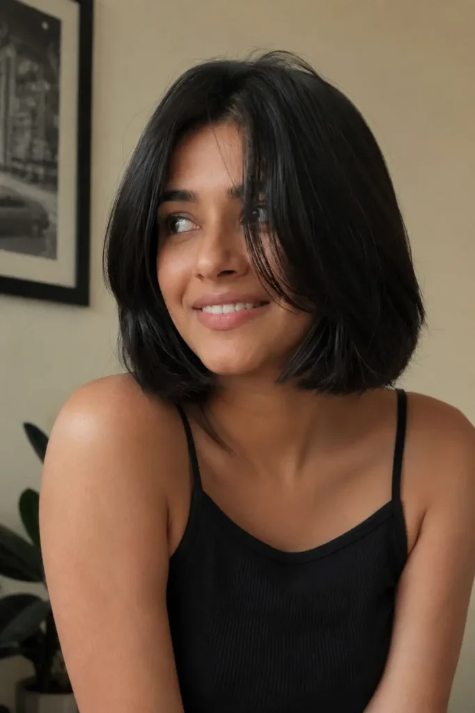 Young woman with thick dark hair wearing a smooth slice cut bob hairstyle with airy texture, soft face-framing layers