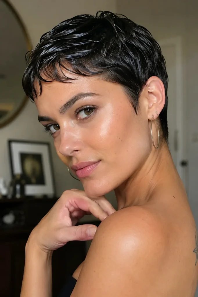 girl with a sleek wet-look pixie haircut and glossy dark brunette hair poses confidently indoors under soft lighting.