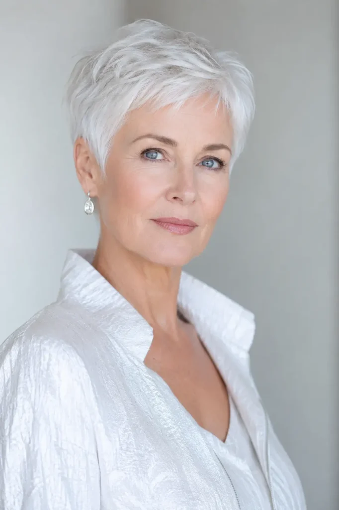 woman in her late 50s with a stunning ice-platinum pixie haircut and luminous pale complexion poses in a high-key portrait. She has striking blue eyes, a calm and composed expression, and wears a white textured outfit