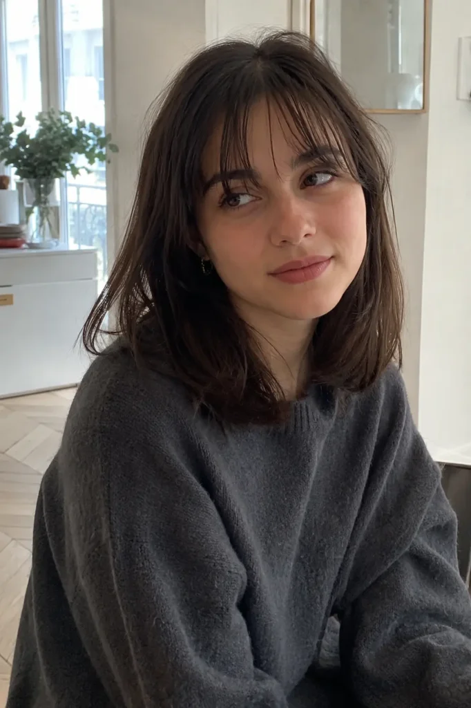 Realistic indoor portrait of a young woman with a medium-length lob haircut and wispy bangs, wearing a cozy dark gray sweater