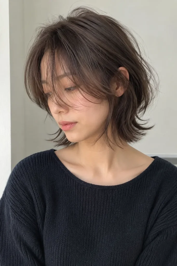 Real everyday woman with a wispy layered bob hairstyle featuring soft airy ends and feather-light texture, styled with natural volume and delicate movement. Her ash brown hair frames her face with tousled layers and curtain-like fringe. She wears a dark knit sweater