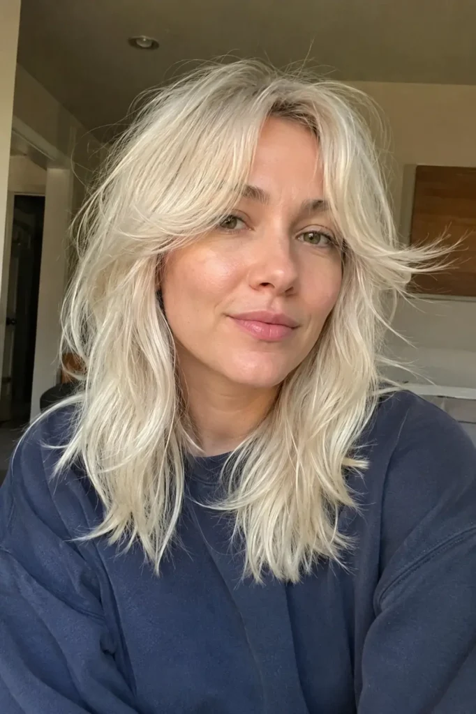 a real woman with platinum blonde wispy layered hair and soft curtain bangs, featuring airy texture and feathered layers.