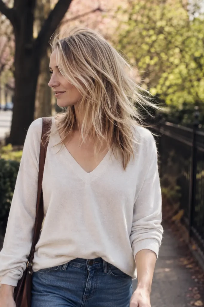 woman in her 30s with a wispy long-layered lob hairstyle and fine blonde hair full of natural movement, walking along a tree-lined outdoor path in warm daylight. Her hair gently blows in the breeze, with soft layers